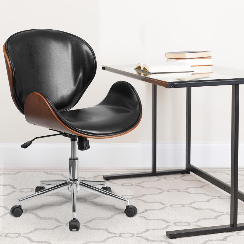 Handsome Mid-Century Walnut and Black LeatherSoft Office Chair