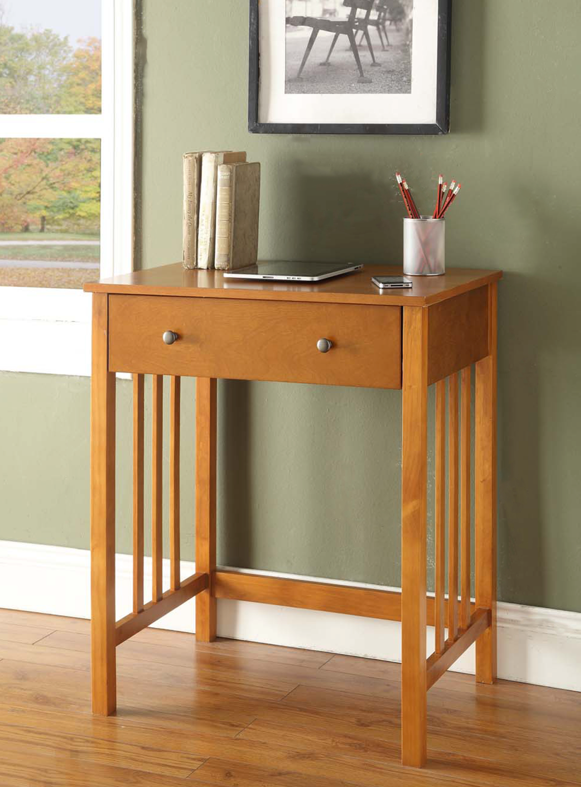 Mission Style Compact Oak Computer Desk with Keyboard Tray OfficeDesk