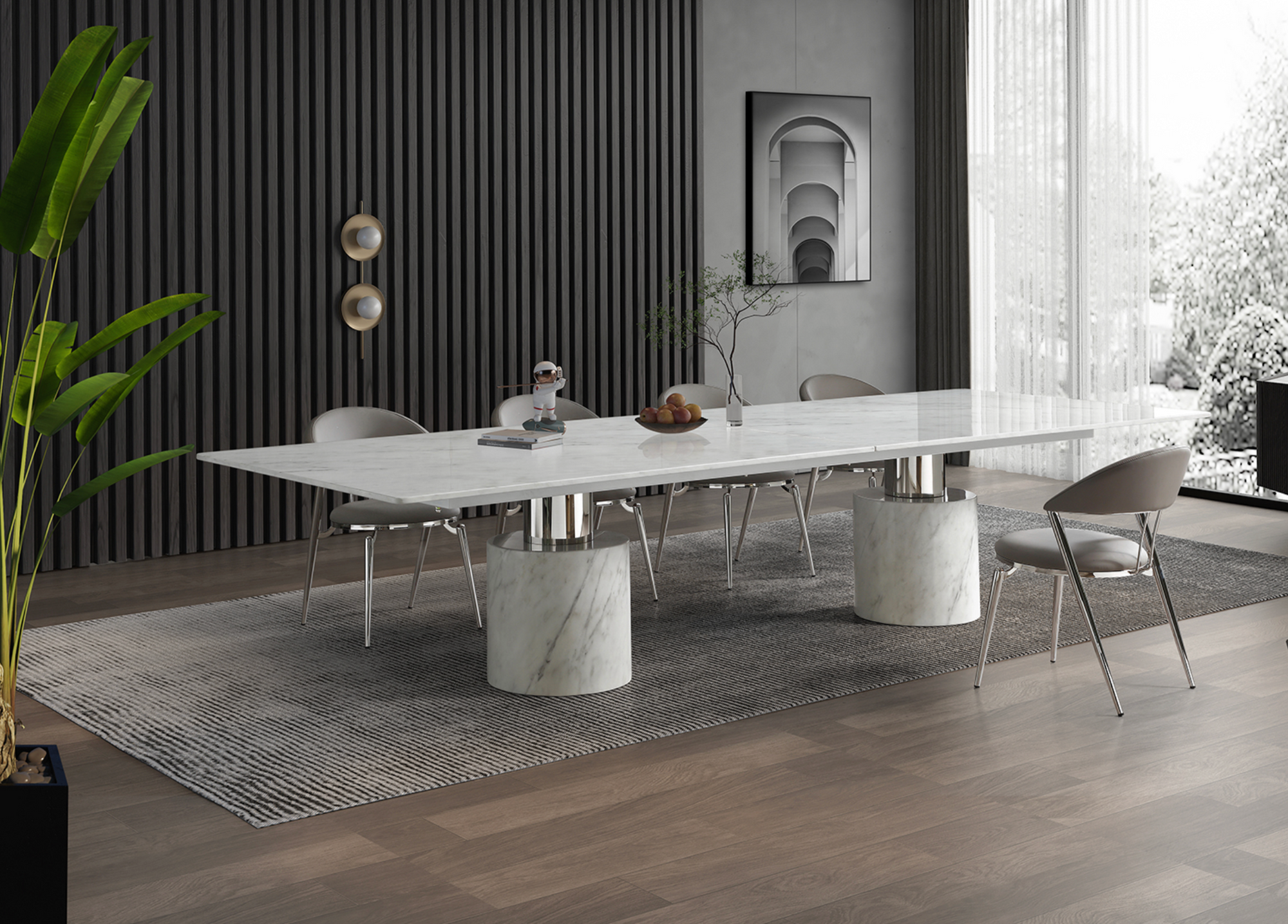 15-foot White Marble Conference Table with Polished Stainless Accents