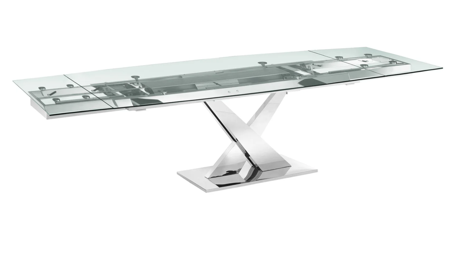 71" - 103" Extending Glass Top Conference Table with Chromed Stainless X-Base
