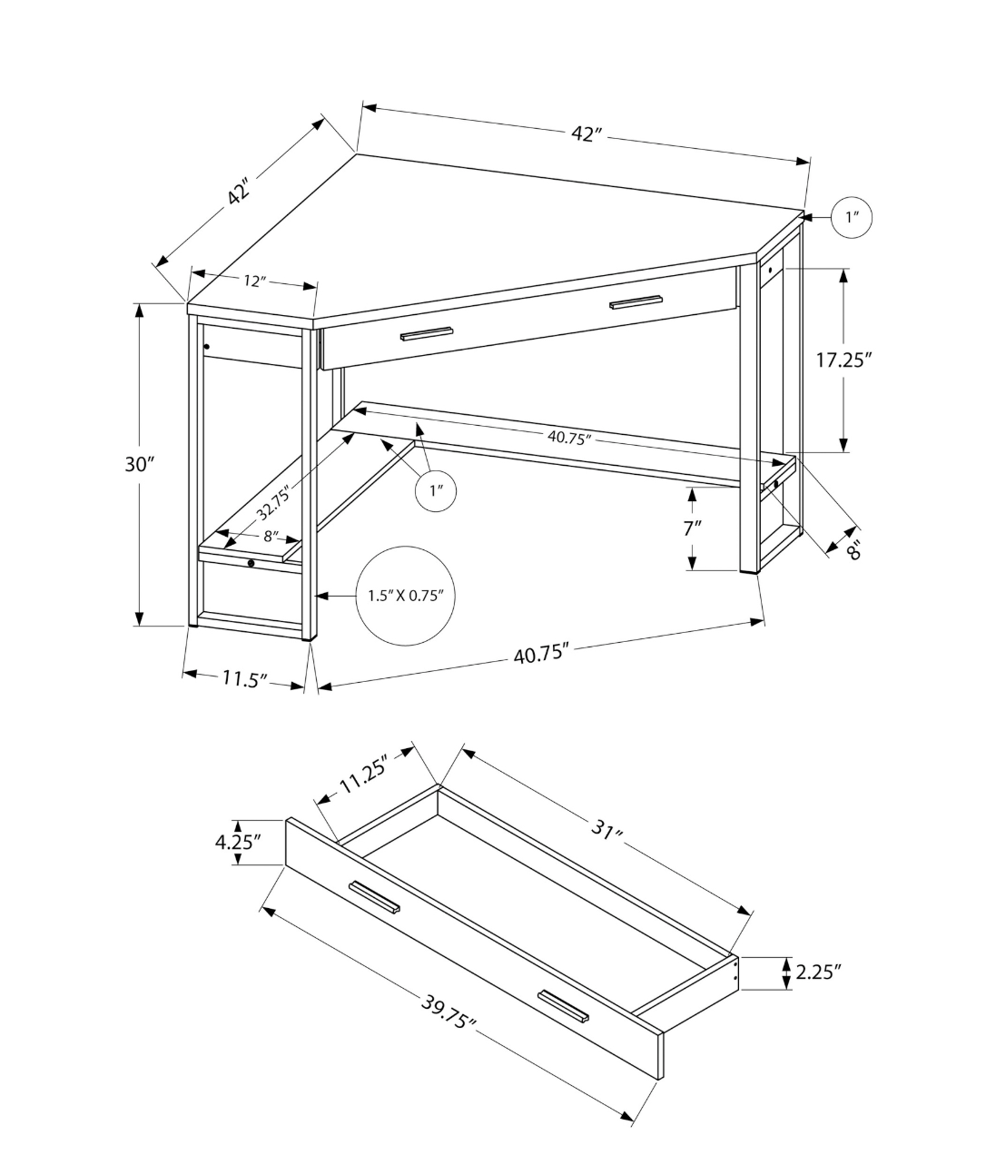 42" White and Silver Corner Desk