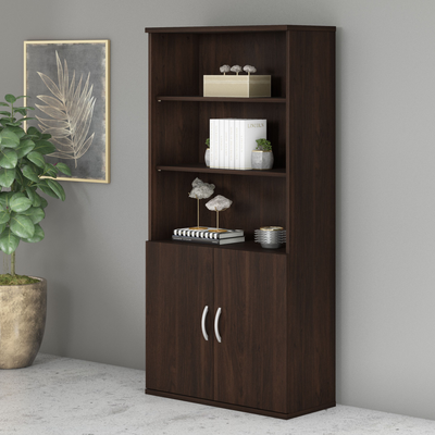 36" Modern 5-Shelf Bookcase with Doors in Black Walnut