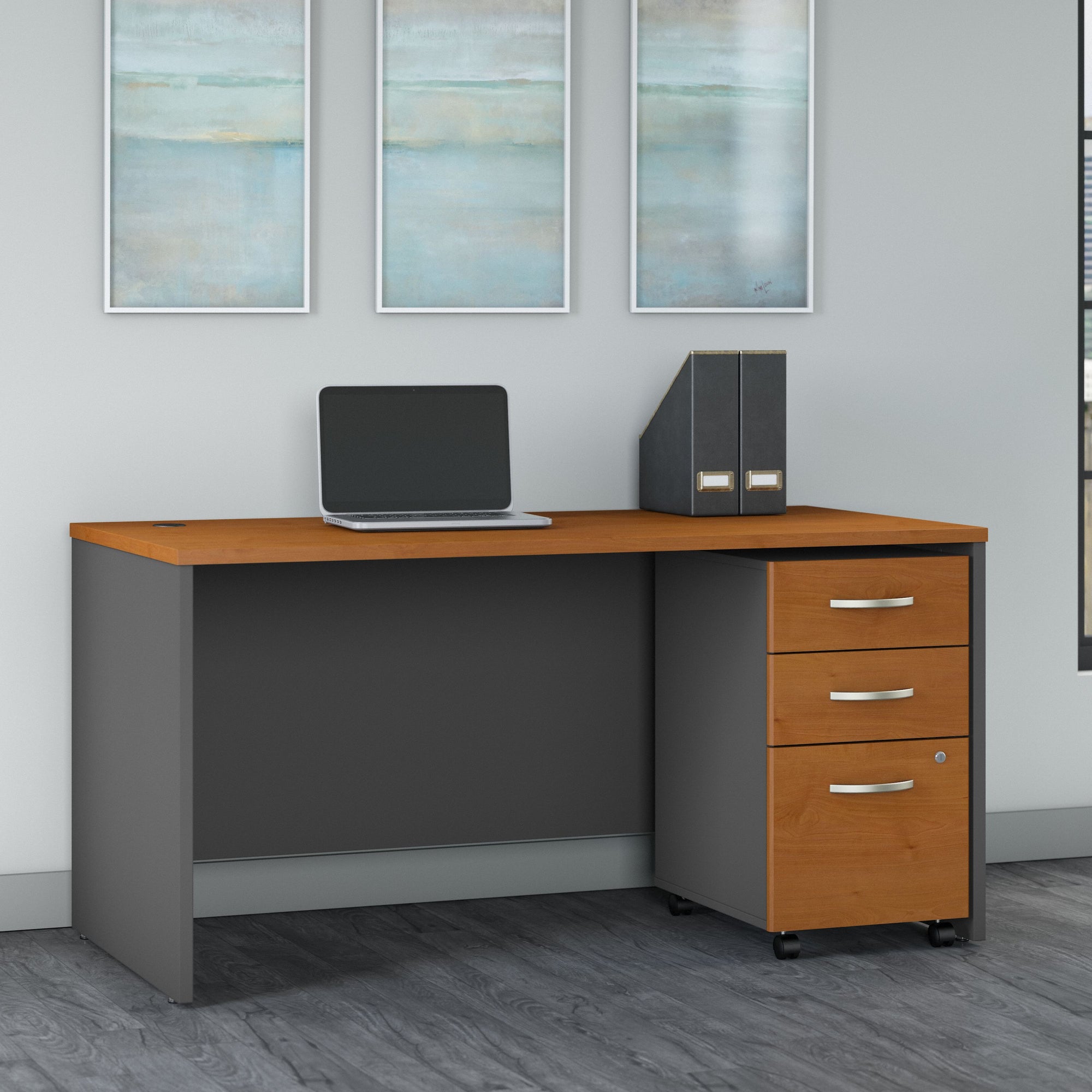 Natural Cherry & Graphite Gray 60" Premium Office Desk with Mobile Pedestal