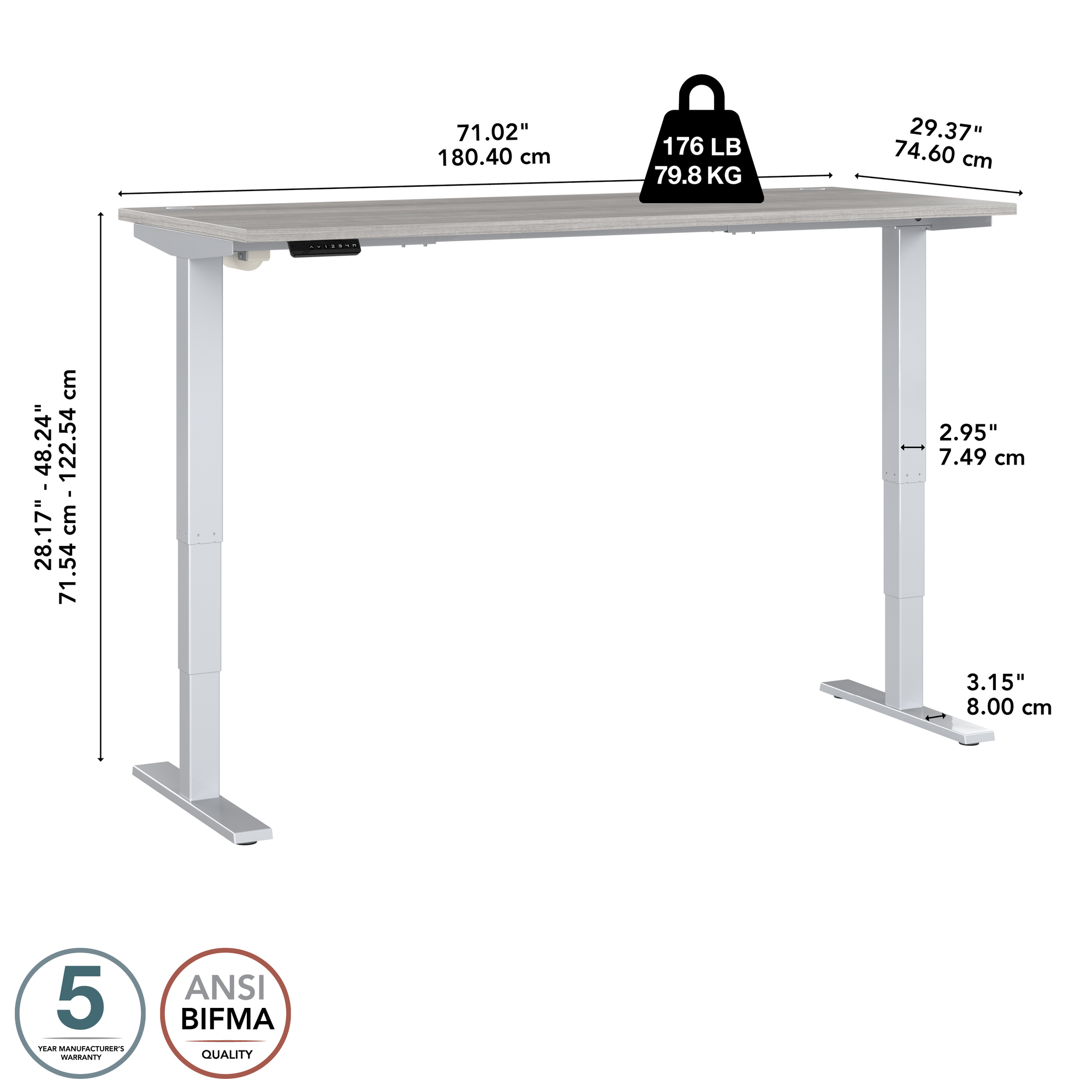 72" Large Modern Standing Office Desk in Platinum Gray with Metallic Base