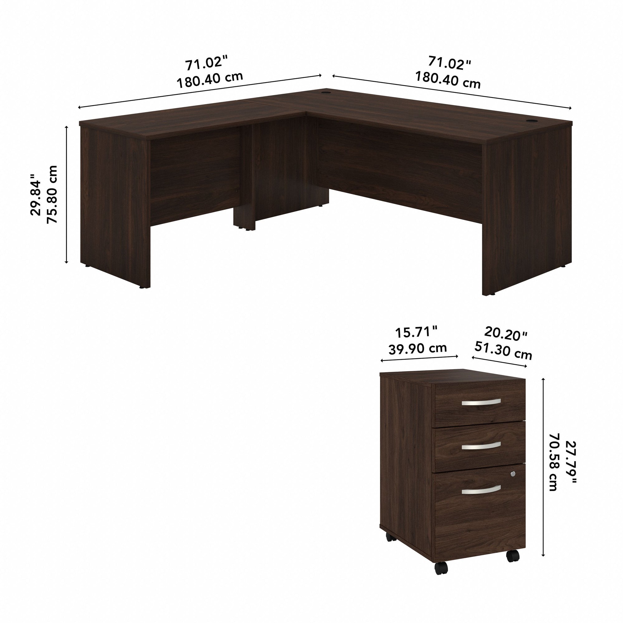 Black Walnut 72" x 72" L-shaped Desk with Mobile Pedestal
