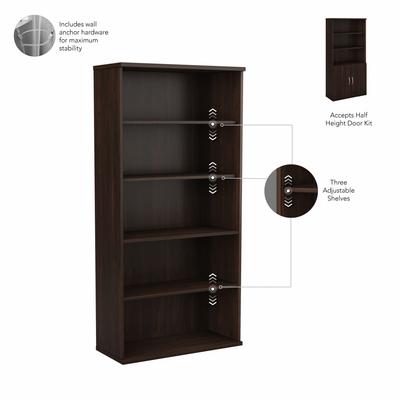 36" Modern 5-Shelf Bookcase with Doors in Black Walnut