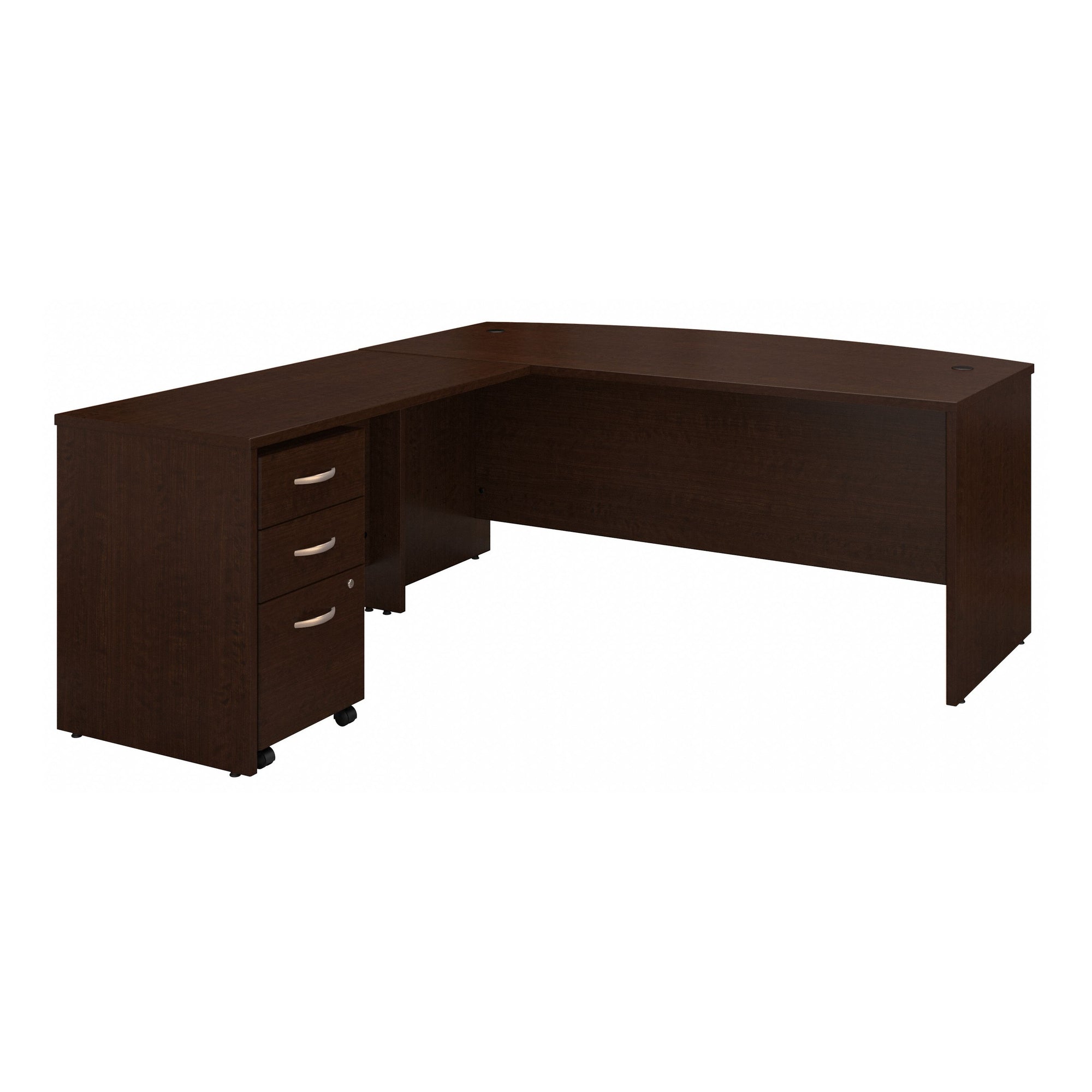 72" x 84" Mocha Cherry Bow-Front L-shaped Desk with Mobile Pedestal