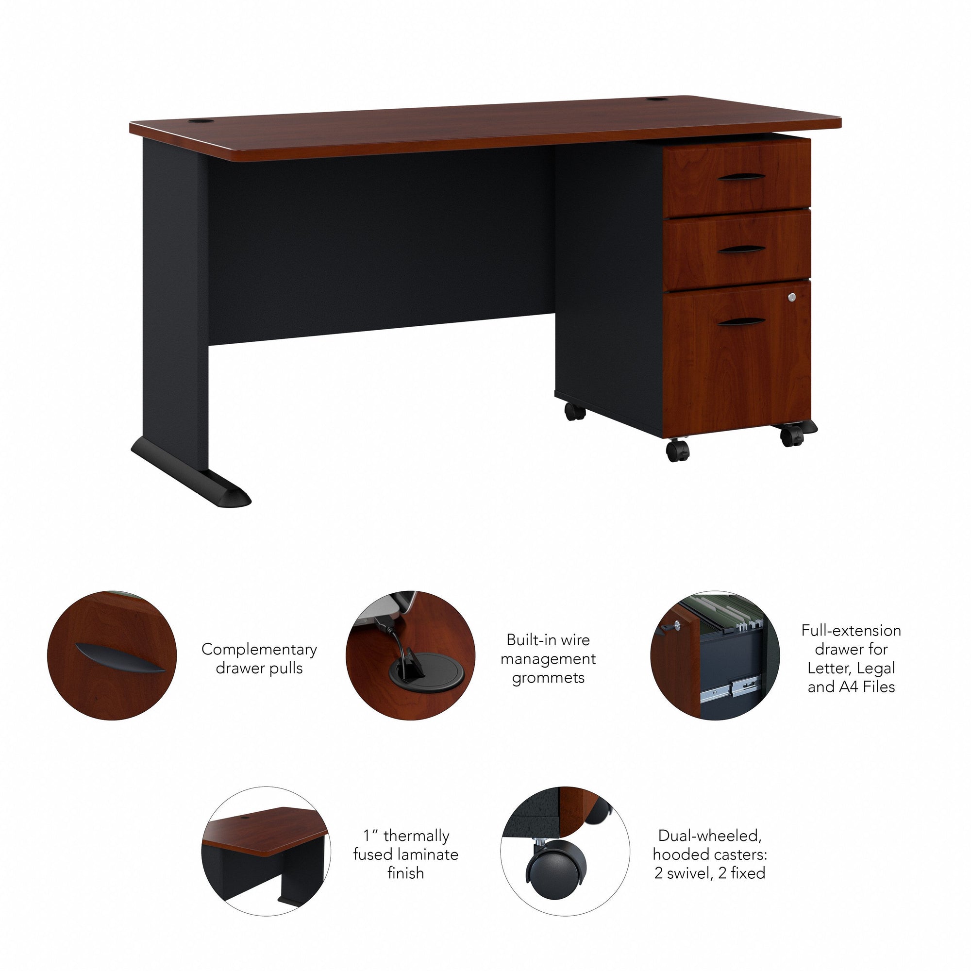 60" Office Desk with 3-Drawer Mobile Pedestal in Hansen Cherry