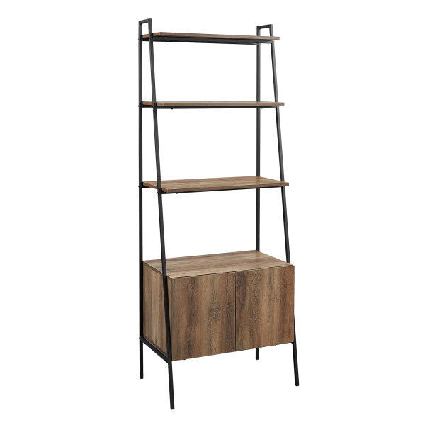 72" Rustic Oak & Metal Ladder Bookcase with Cabinet