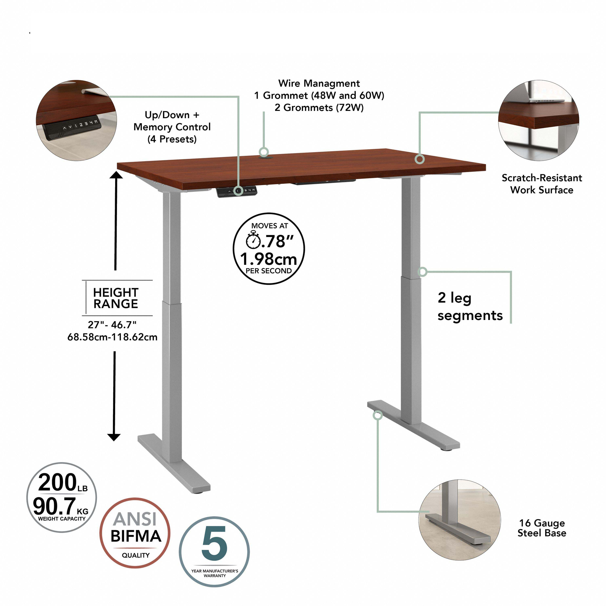 72" Modern Standing Office Desk in Hansen Cherry with Metallic Base