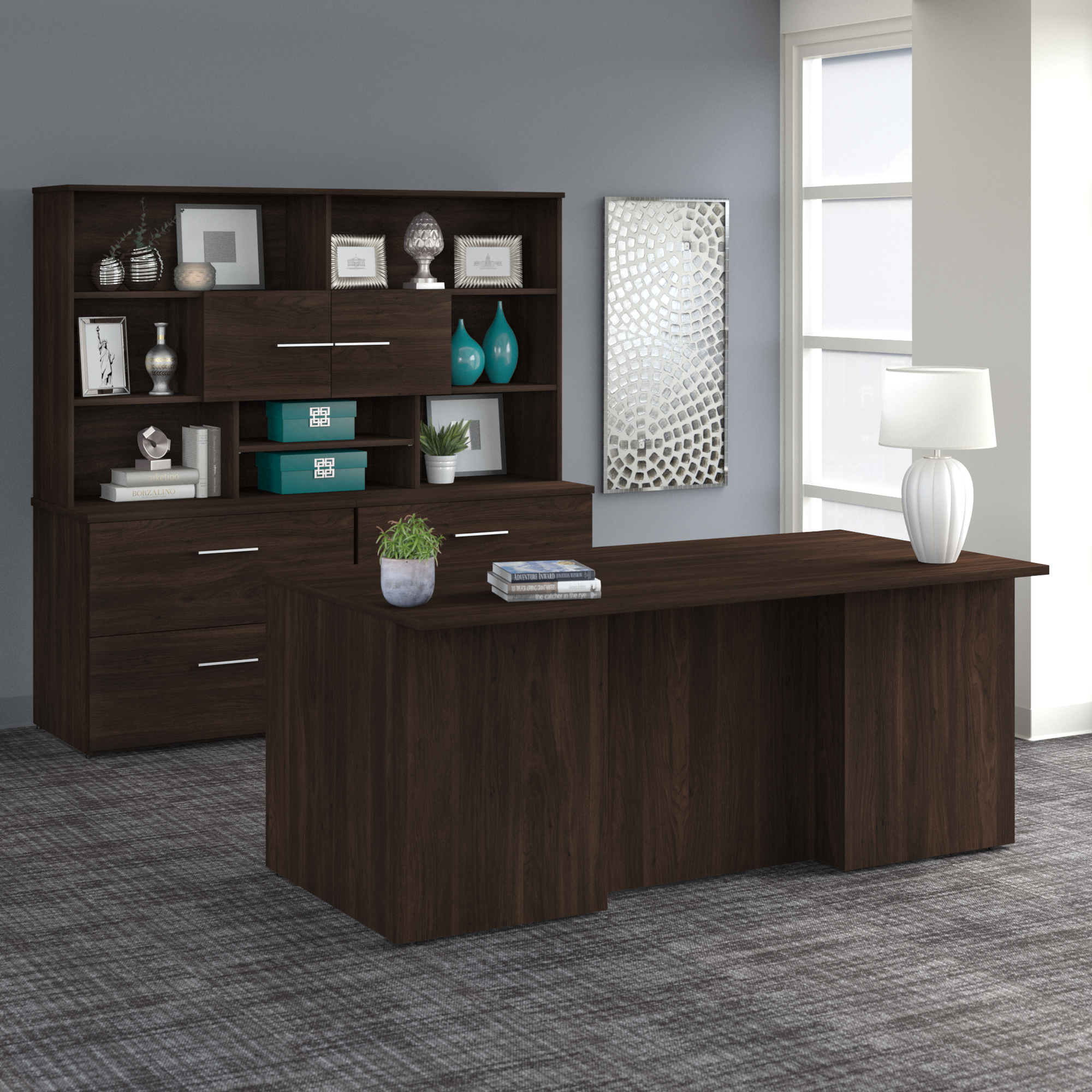 72" Modern U-Shaped Executive Office Desk with Drawers and Hutch in Black Walnut