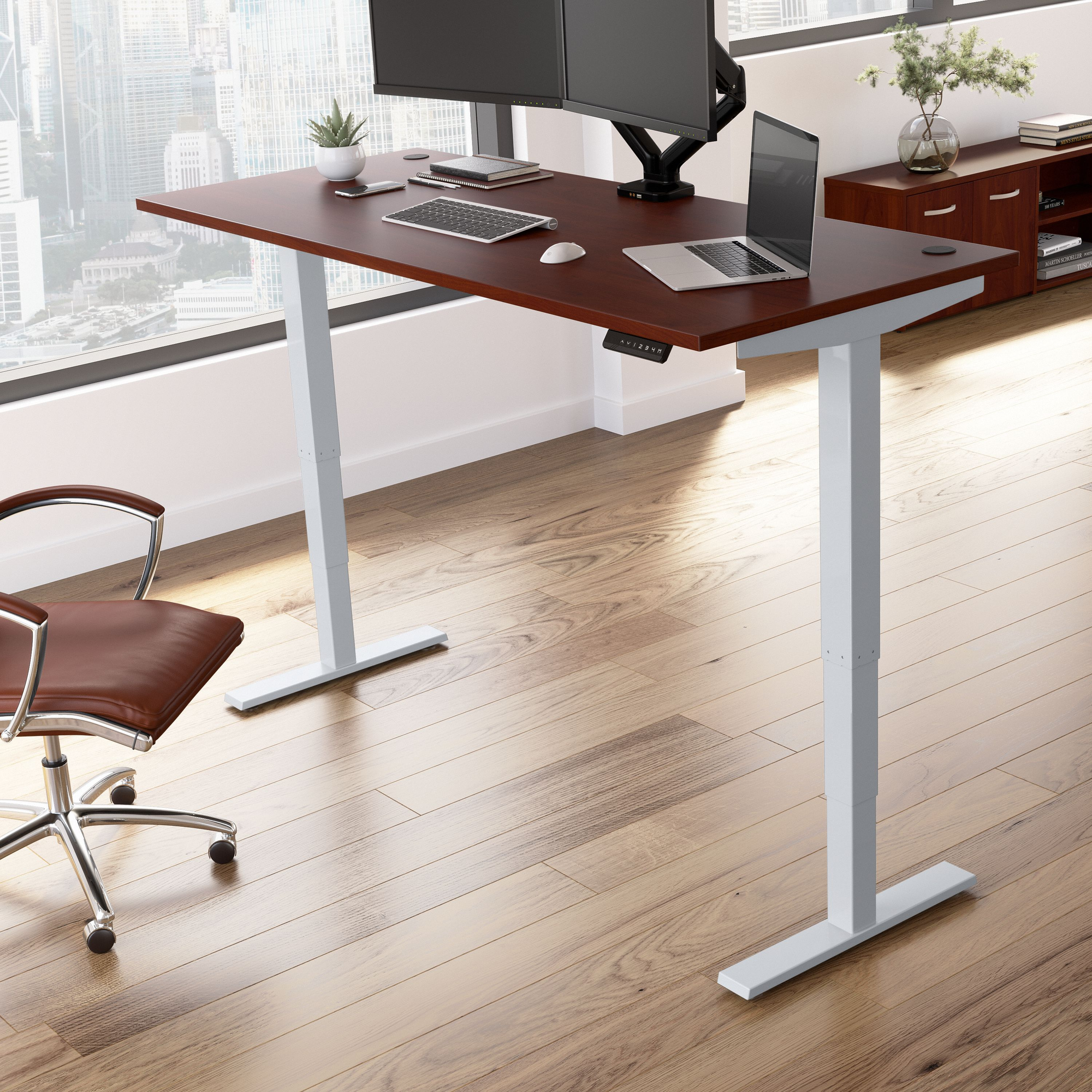 60" Modern Standing Office Desk in Hansen Cherry with Metallic Base