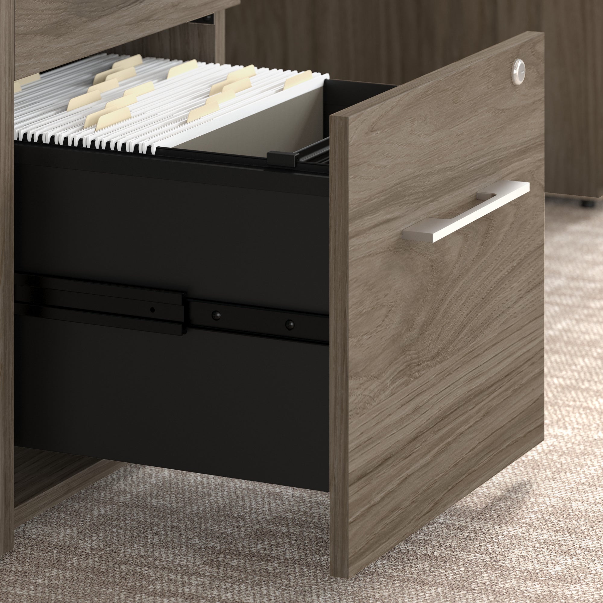 72" L-Shaped Modern Executive Desk with Drawers in Modern Hickory