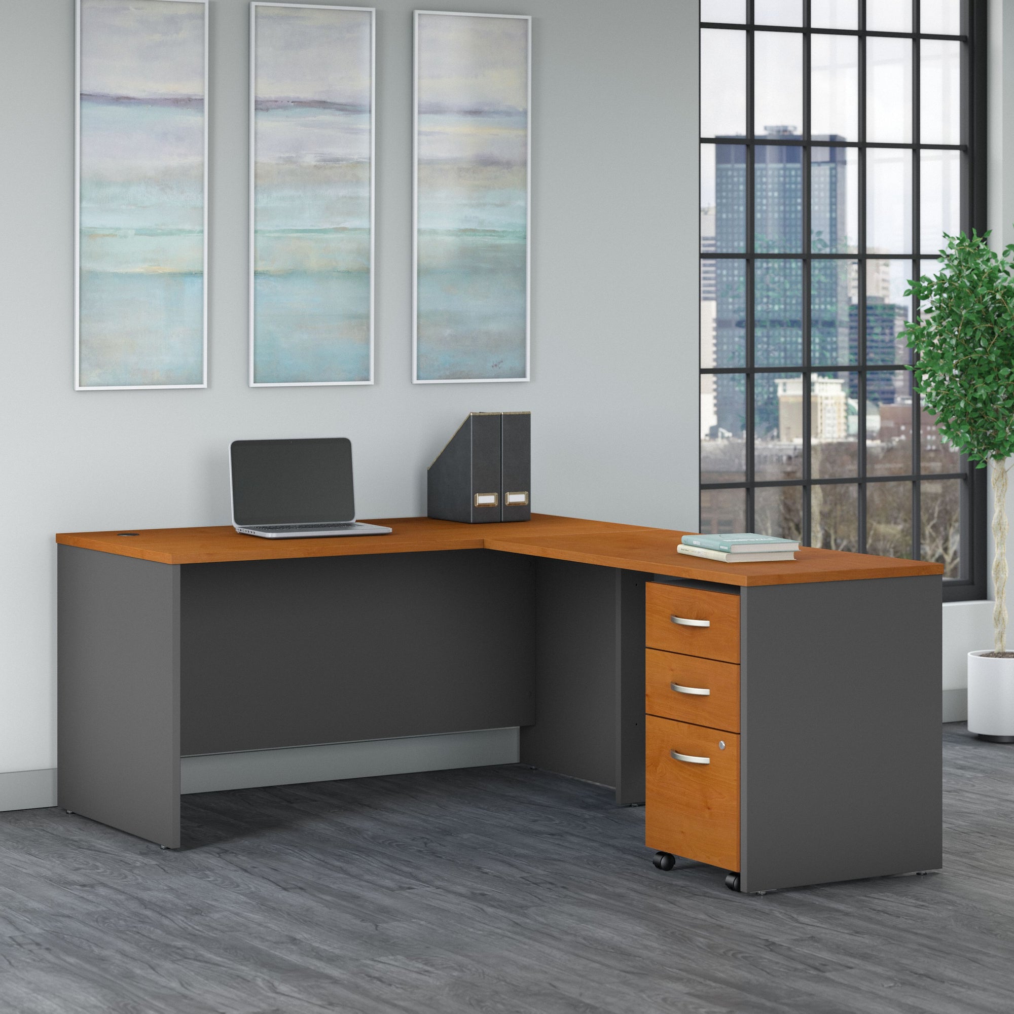 Natural Cherry & Graphite L-Shaped Desk with Mobile File