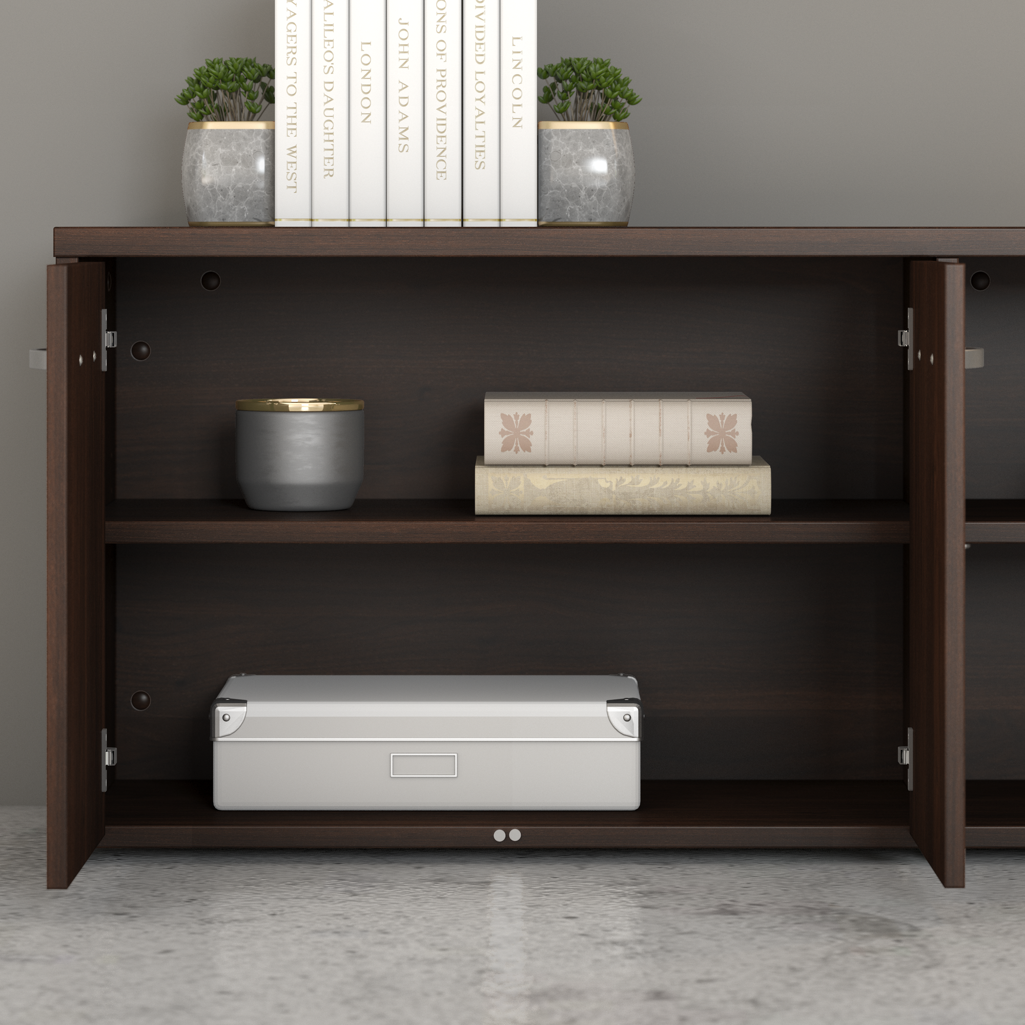 60" Low Modern Credenza with Doors and Shelves in Black Walnut