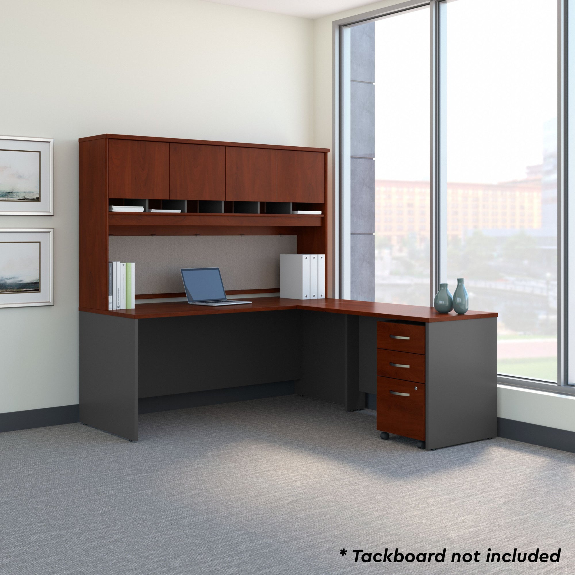 72" L-shaped Desk with Hutch and Mobile File Cabinet in Hansen Cherry/Graphite Gray