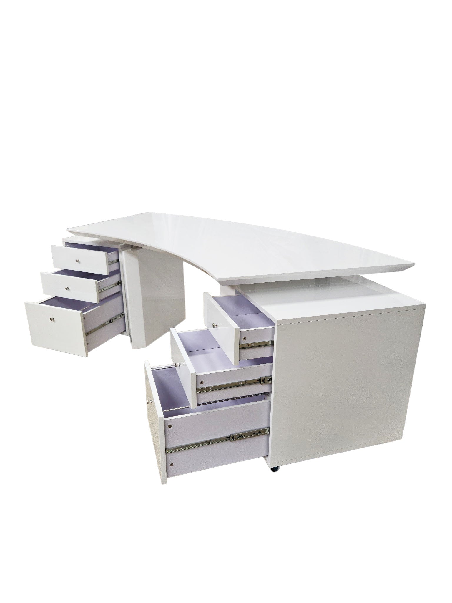 Modern White Lacquer Curved Executive Desk with Mobile Files