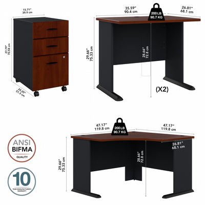 48" Modern Corner Desk with 2 Returns and Mobile Pedestal in Cherry/Galaxy