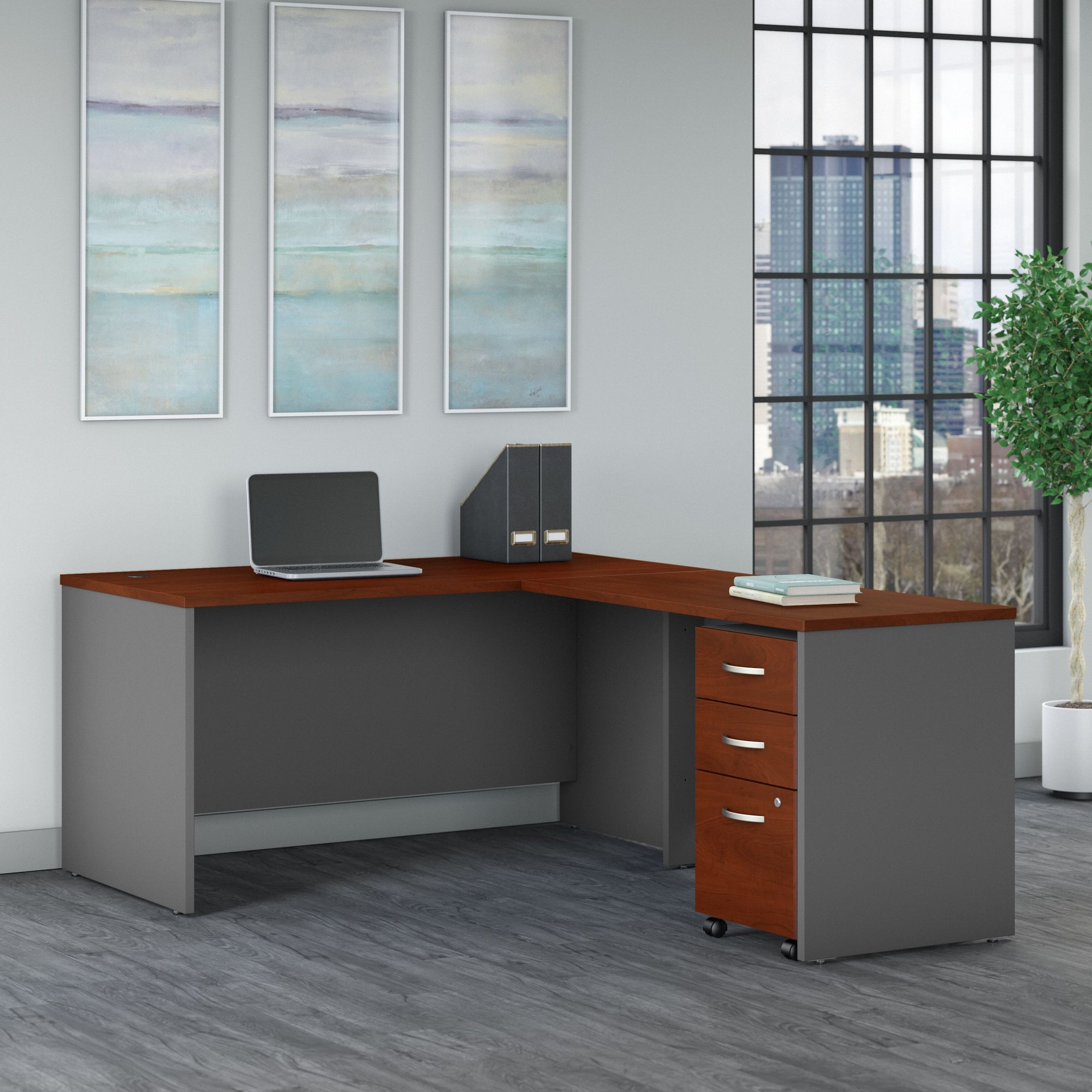 60" L-Shaped Desk with Mobile Pedestal in Cherry/Graphite