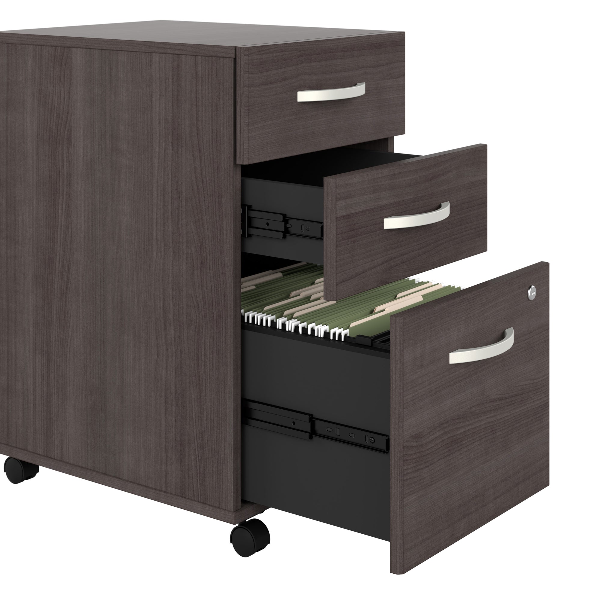 72" x 72" Modern L-Shaped Desk with Hutch & Mobile File in Storm Gray