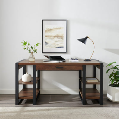 60" Dark Walnut Executive Desk with Built-in Shelving