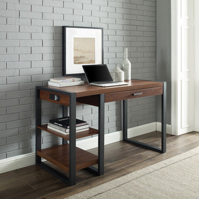 48" Dark Walnut Industrial Desk with Shelving & Charging Station