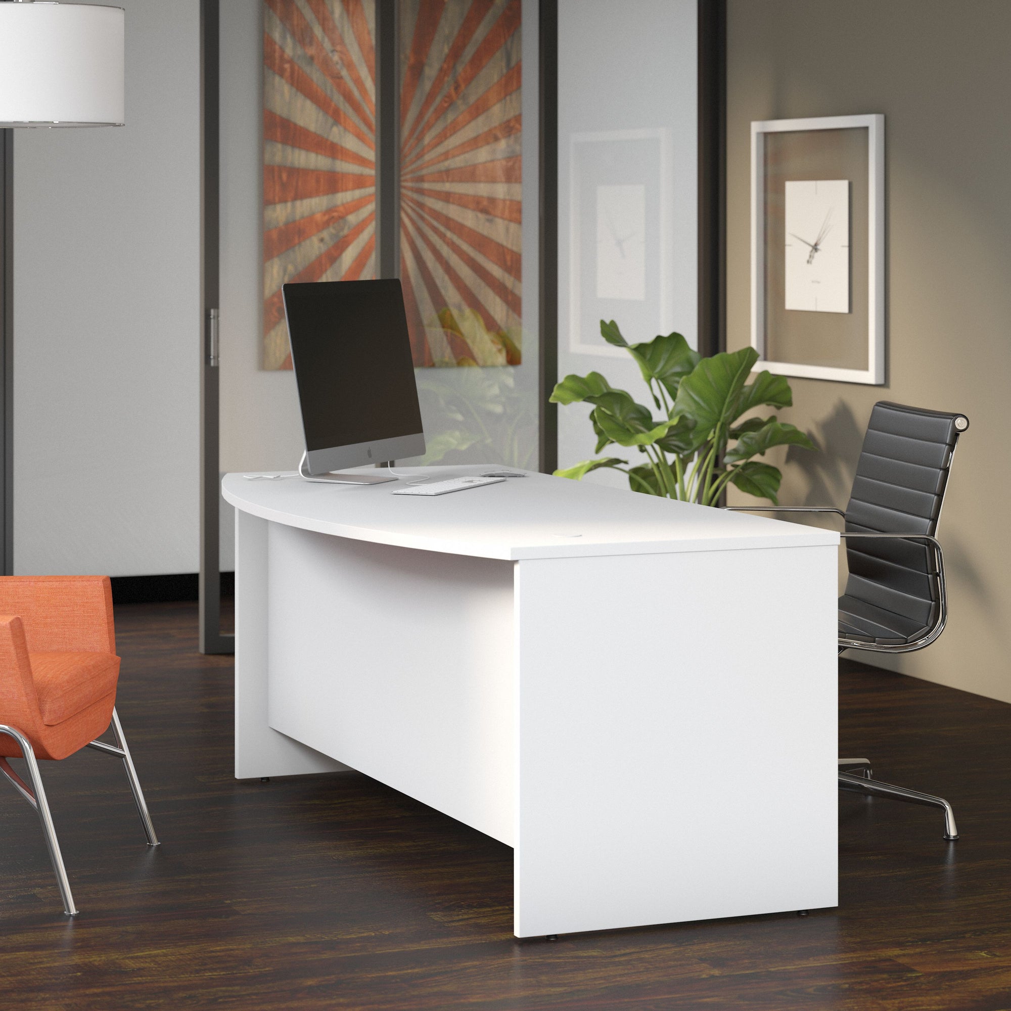 72" Modern Bow-Front Office Desk with Privacy Panel in White