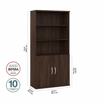 36" Modern 5-Shelf Bookcase with Doors in Black Walnut
