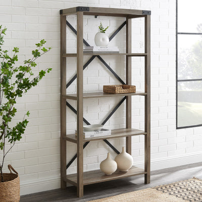 64" Gray Woodgrain Bookcase with X-Framing