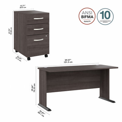 Modern 60" Storm Gray Workstation with 3-Drawer Mobile File