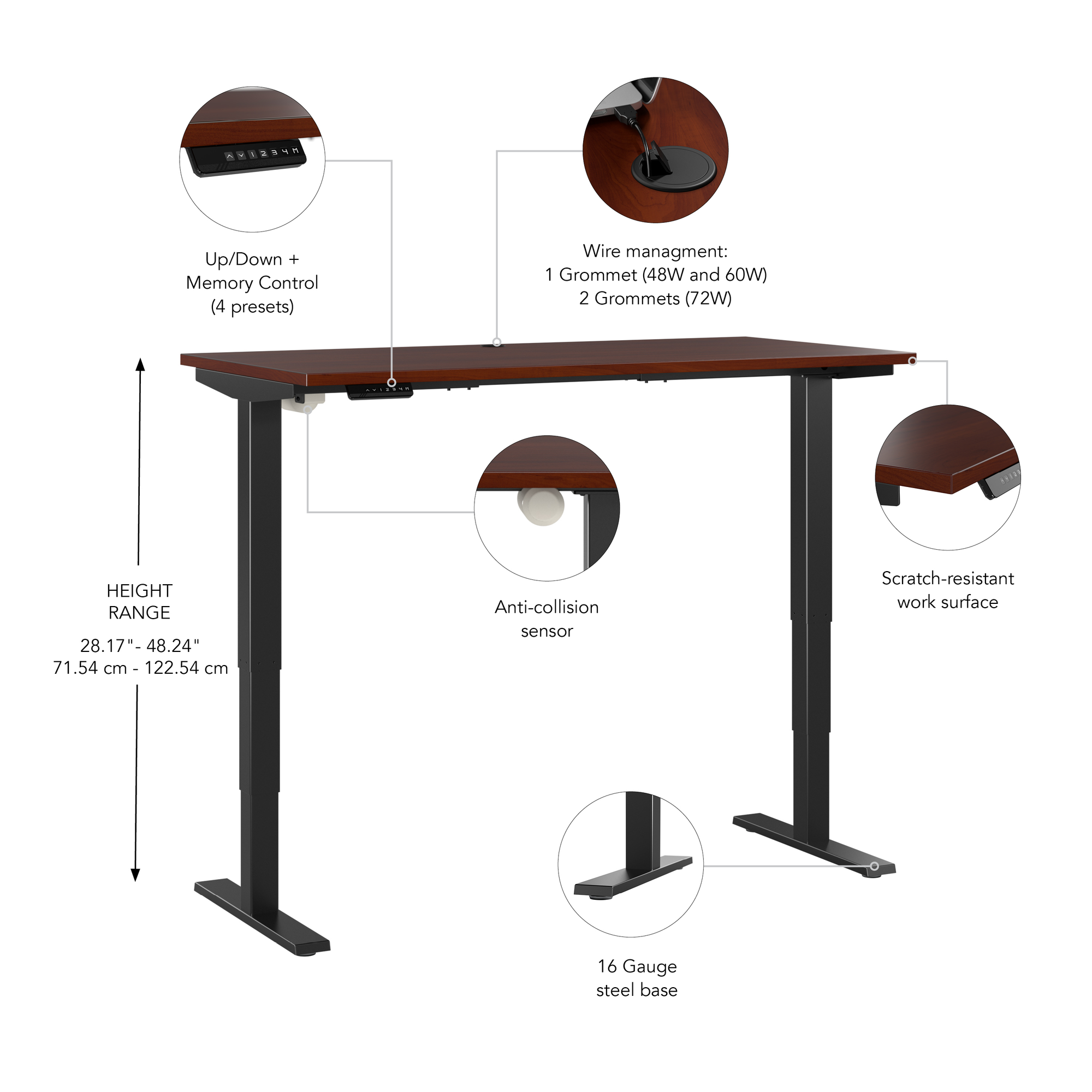 72" Large Modern Adjustable Standing Office Desk in Hansen Cherry with Black Base