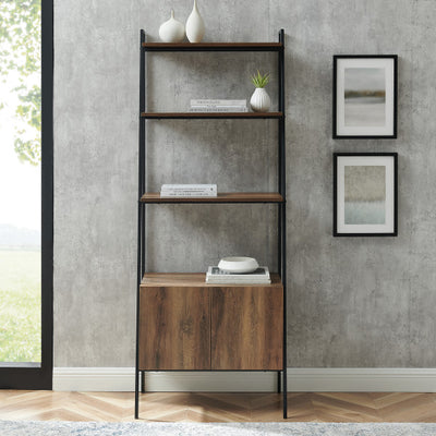 72" Rustic Oak & Metal Ladder Bookcase with Cabinet