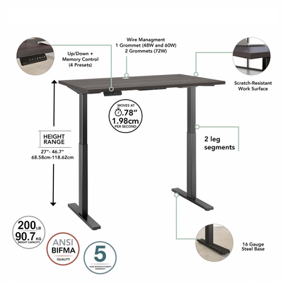 60" Modern Adjustable Standing Office Desk in Storm Gray with Black Base