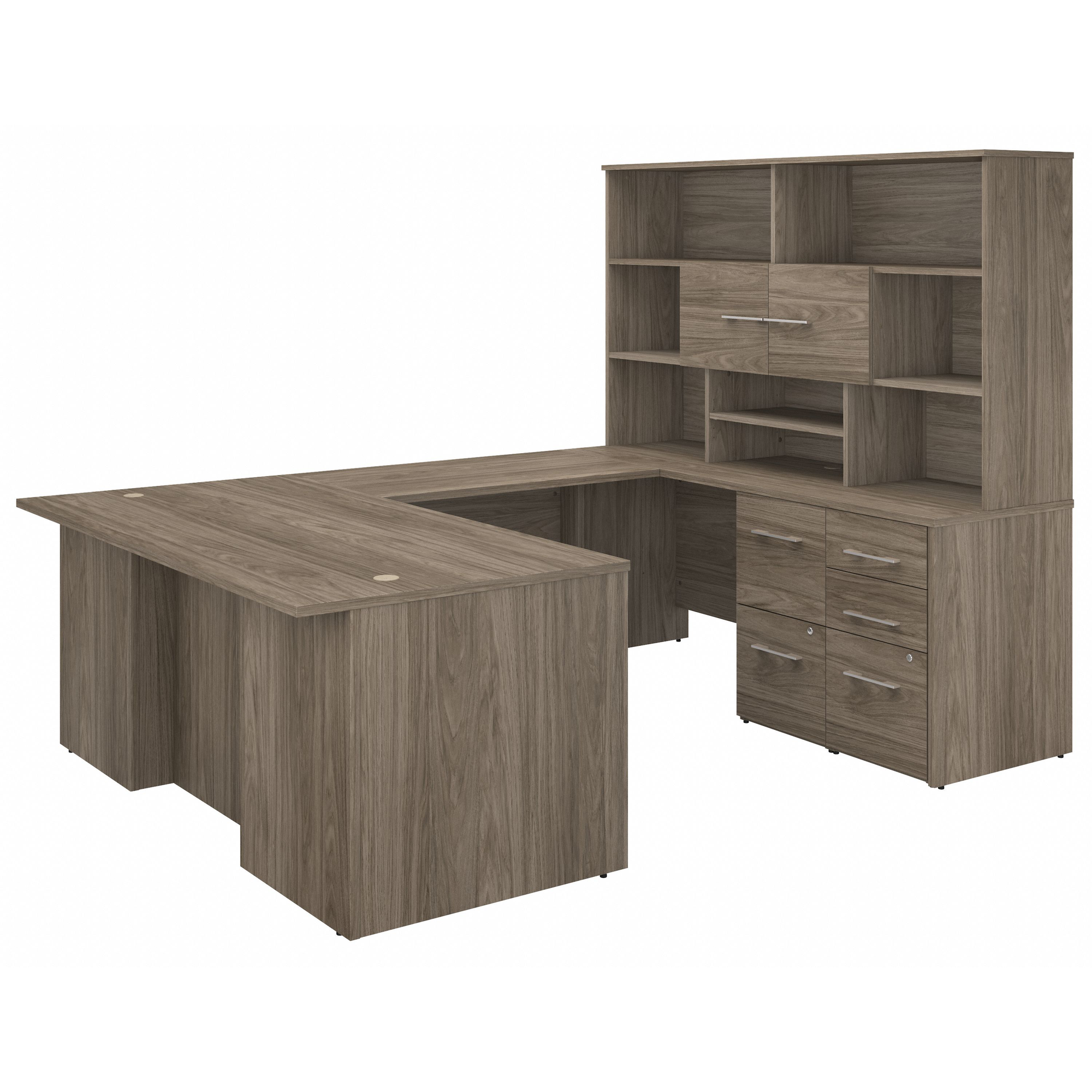 72" Modern U-Shaped Executive Office Desk with Drawers and Hutch in Modern Hickory