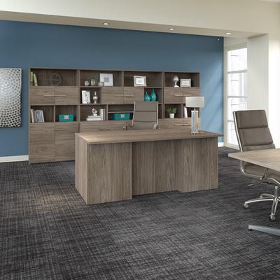 72" Modern U-Shaped Executive Office Desk with Drawers and Hutch in Modern Hickory