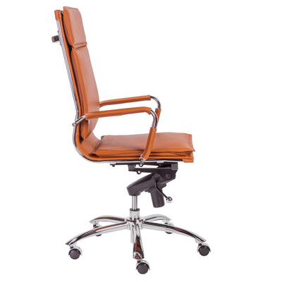 High Back Leather & Chrome Modern Office Chair in Cognac