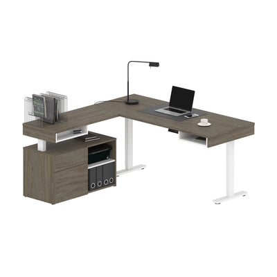 72" L-Shaped Adjustable Ergonomic Desk with Small Credenza in Walnut Gray