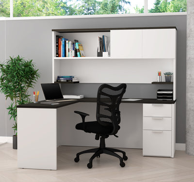 White & Deep Gray L-shaped Desk with Hutch