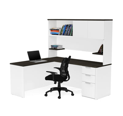 White & Deep Gray L-shaped Desk with Hutch
