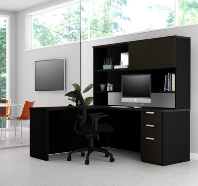 Premium L-shaped Desk with Hutch in Deep Gray & Black