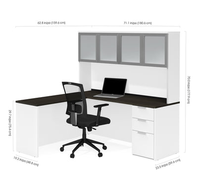 White & Deep Gray Modern L-shaped Desk & Hutch with Glass Doors
