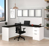 White & Deep Gray Modern L-shaped Desk & Hutch with Glass Doors