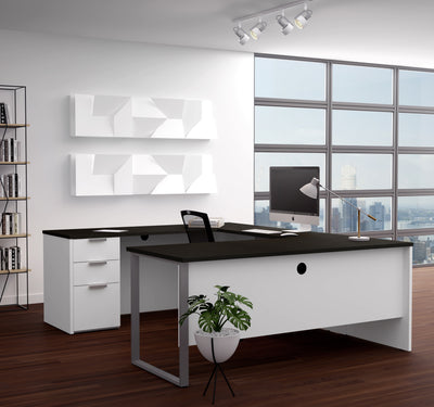 Modern U-shaped Desk in White & Deep Gray