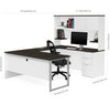 White Modern U-shaped Office Desk with Deep Gray Top & Hutch