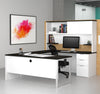 White Modern U-shaped Office Desk with Deep Gray Top & Hutch