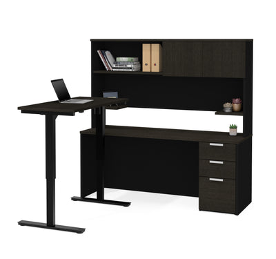 Modern L-shaped Desk with Hutch & Height Adjustable Side in Deep Gray & Black