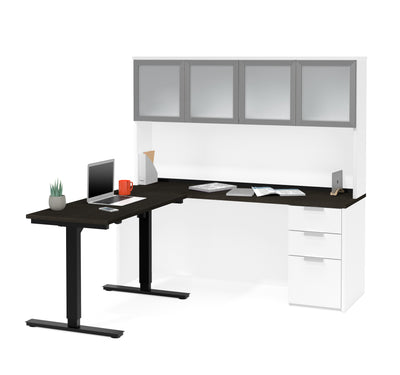 71" Height-Adjustable L-shaped Desk & Hutch in Deep Gray & White with Glass Doors