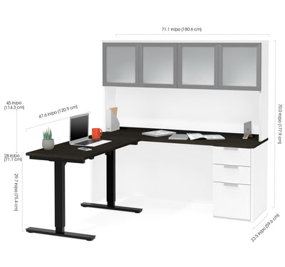 71" Height-Adjustable L-shaped Desk & Hutch in Deep Gray & White with Glass Doors