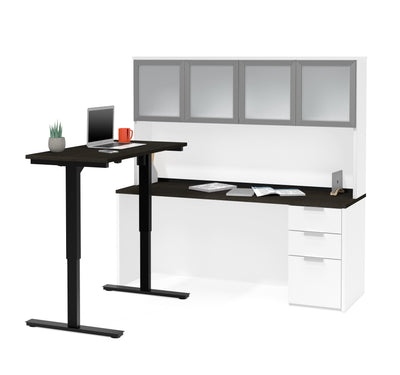 71" Height-Adjustable L-shaped Desk & Hutch in Deep Gray & White with Glass Doors