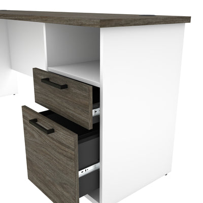 White & Walnut Gray Modern L-shaped Desk with Hutch